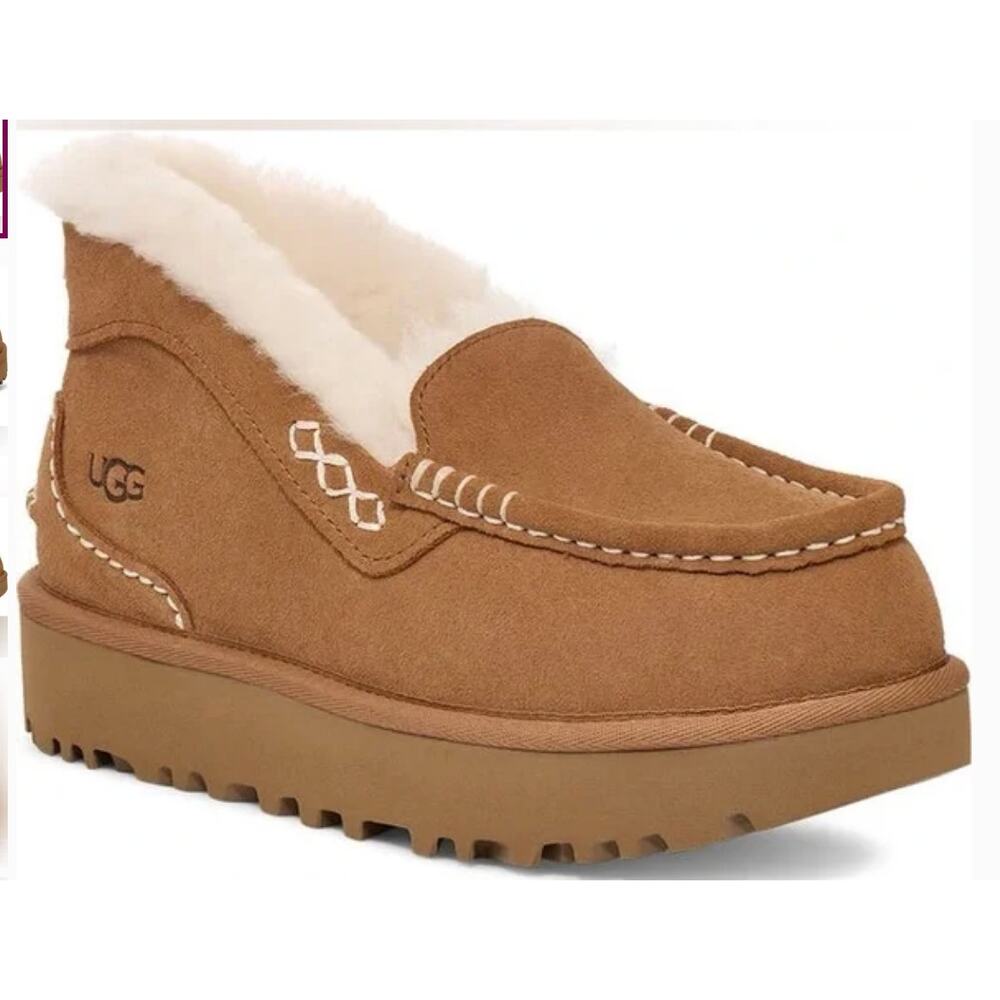 UGG Women’s Ansley Parc Chestnut Suede Platform Moccasin Slippers Size 9 - Picture 3 of 7